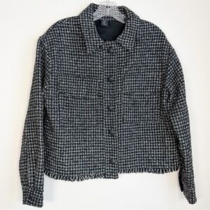 Nicole Miller Black and White Houndstooth “Tweed” Textured Blazer with Fringe